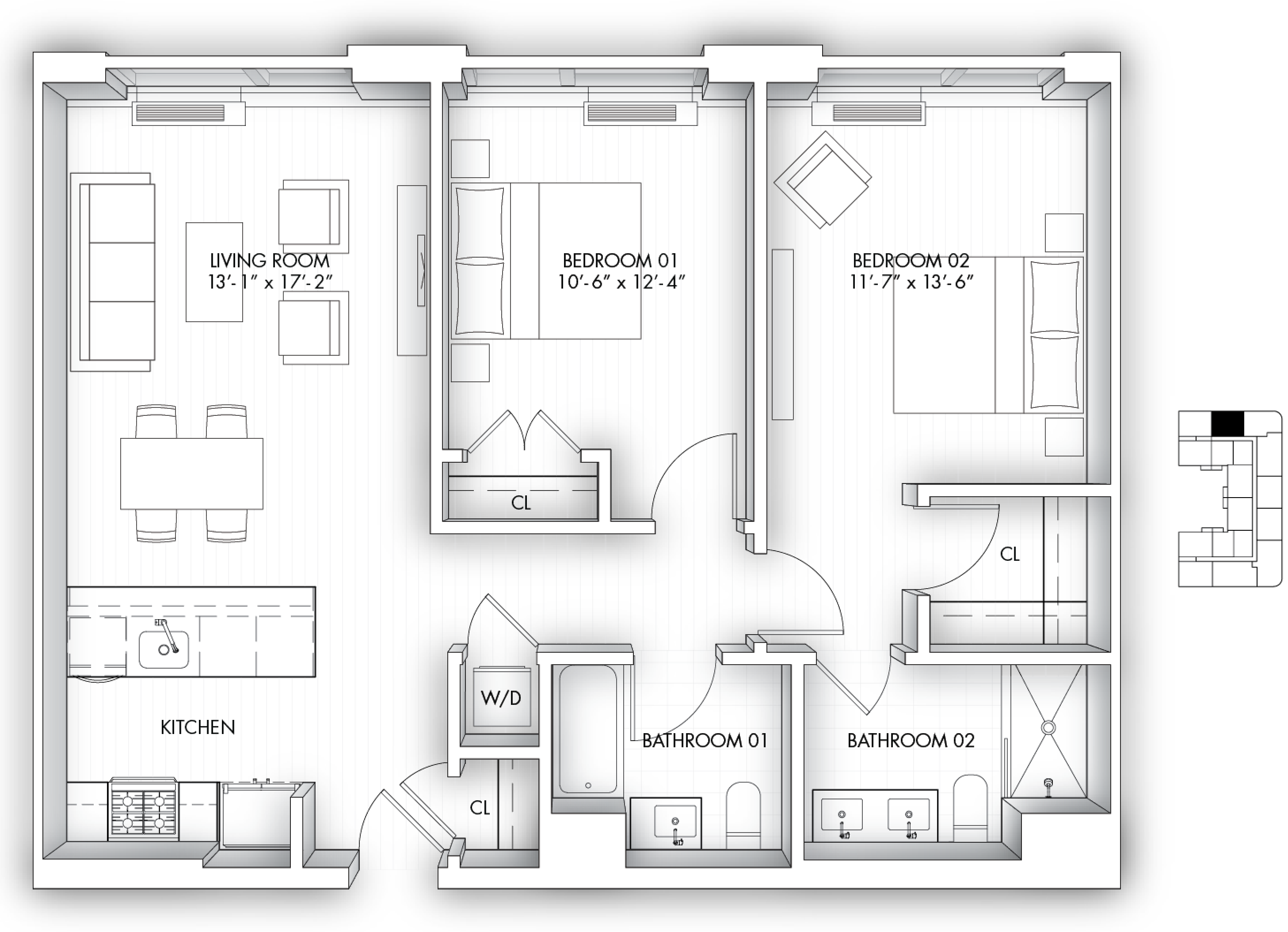 Floor plan for 2 beds, 2 baths, 1037 sqft